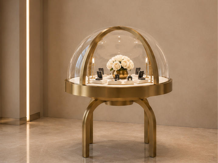 Round Dome Jewelry Display Table | Gold Framed Showcase 7 Round dome jewelry display table different angle view